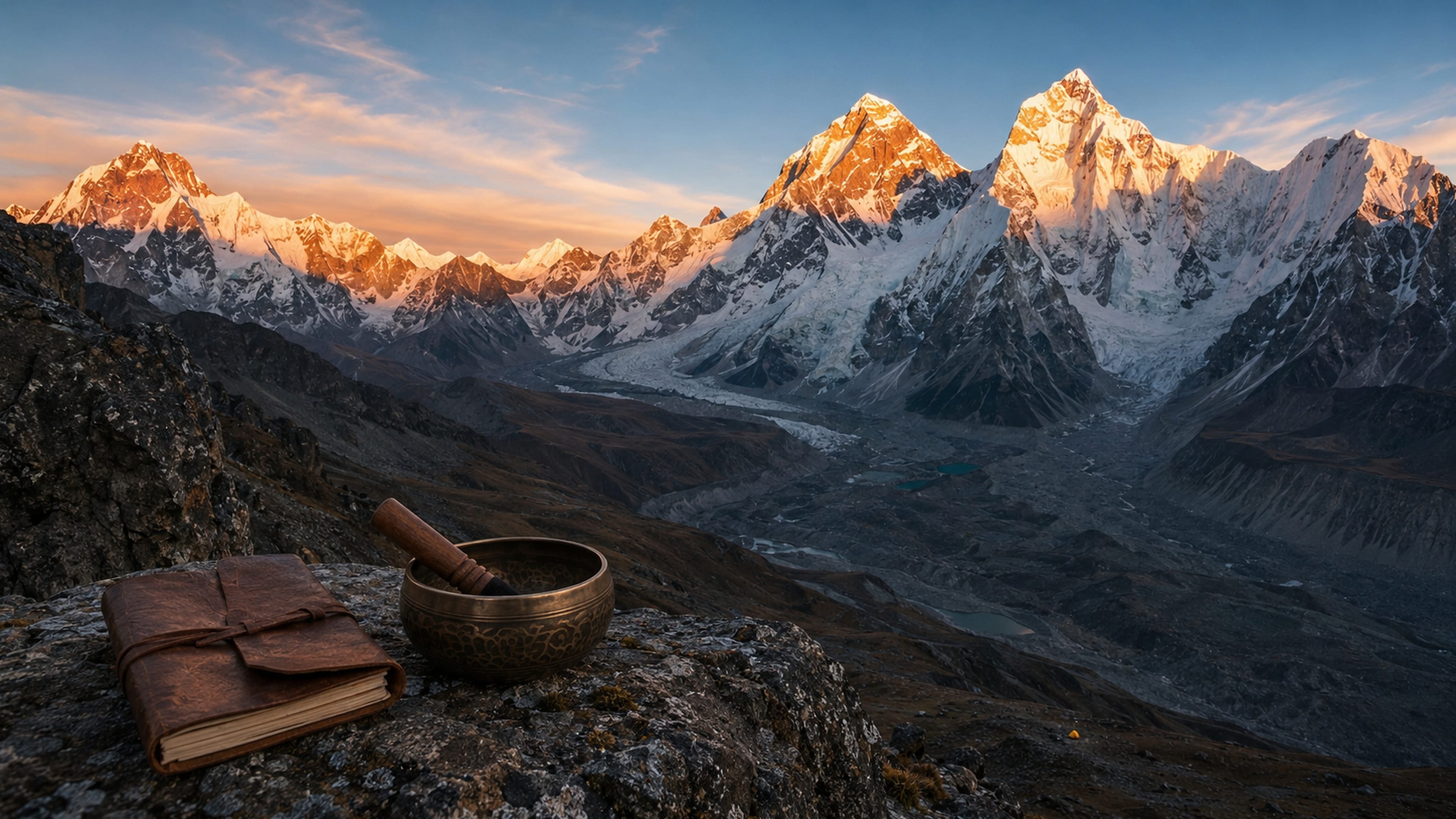 A Tibetan singing bowl and a worn leather journal resting on a rock ledge at dawn, golden first light on snow-capped Himalayan peaks beyond.